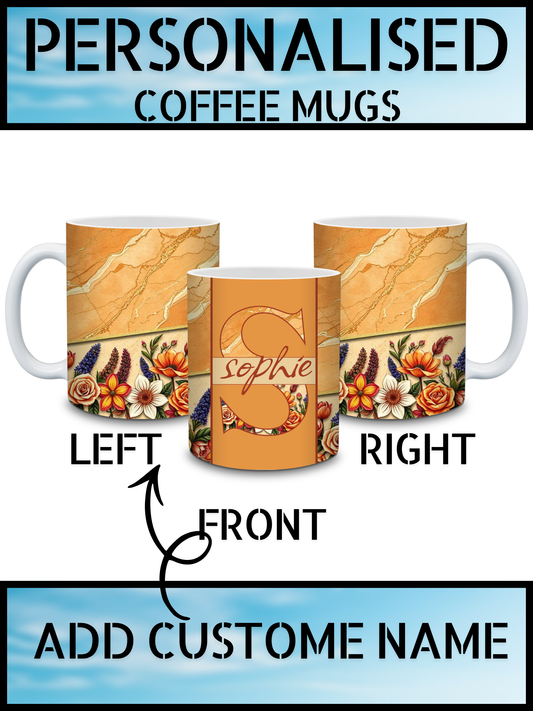 Marble Floral Personalised Initial Name Coffee Mug