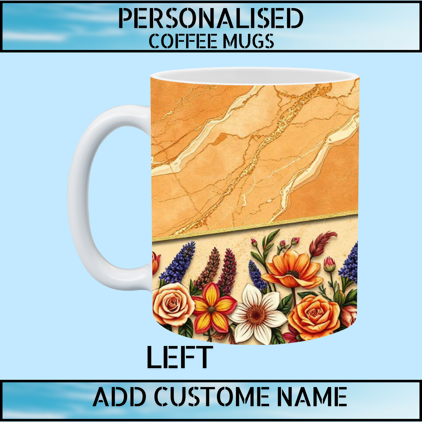 Marble Floral Personalised Initial Name Coffee Mug