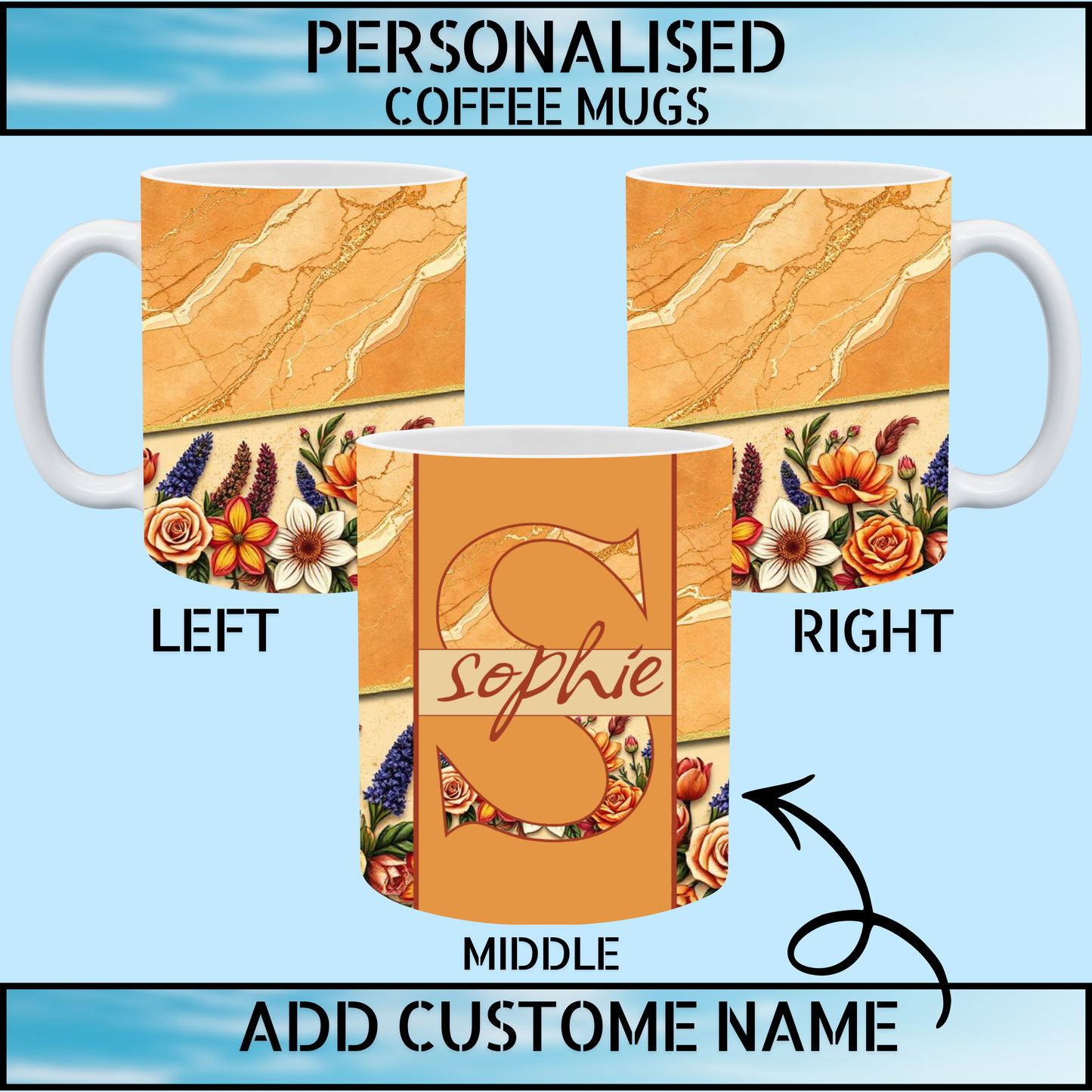 Marble Floral Personalised Initial Name Coffee Mug