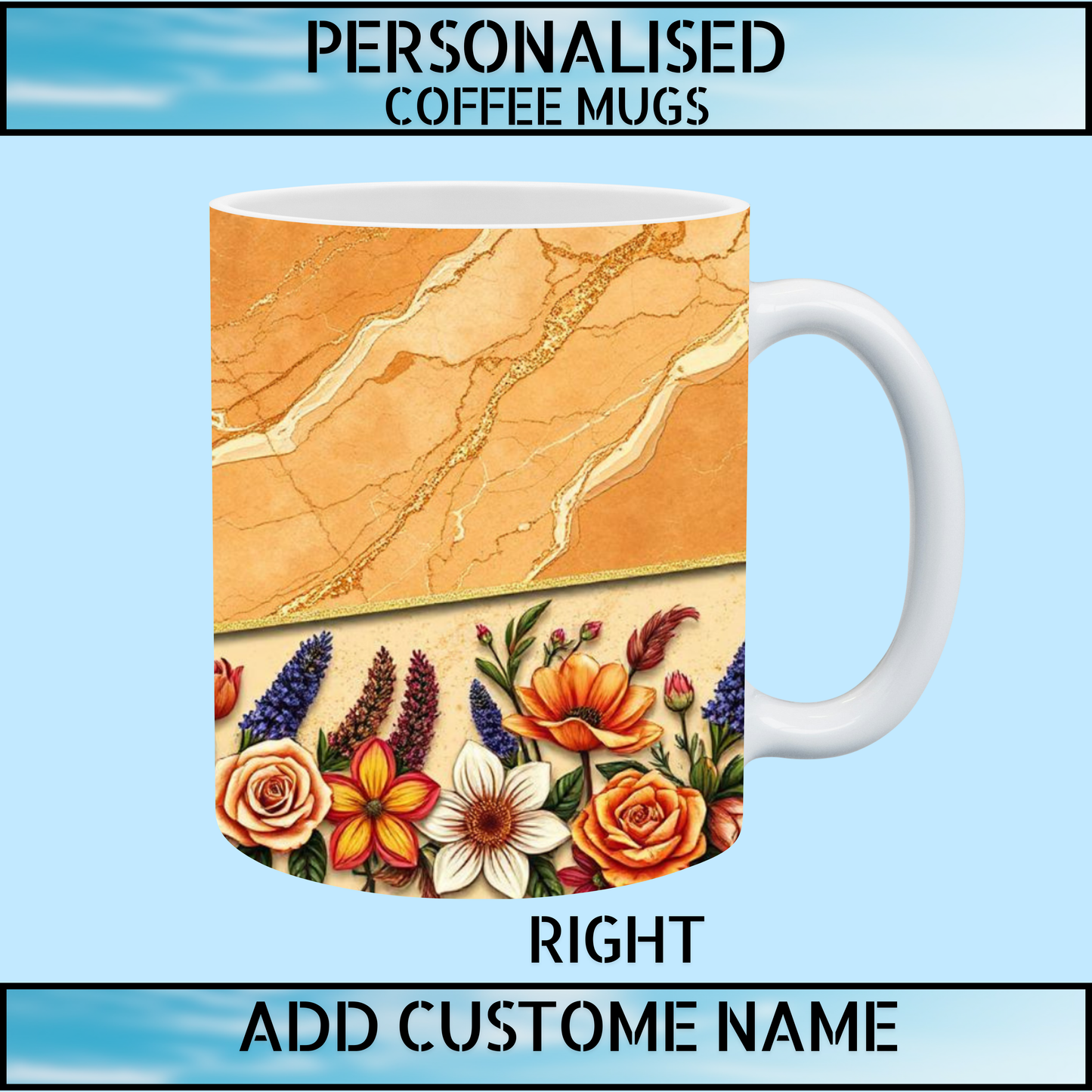 Marble Floral Personalised Initial Name Coffee Mug