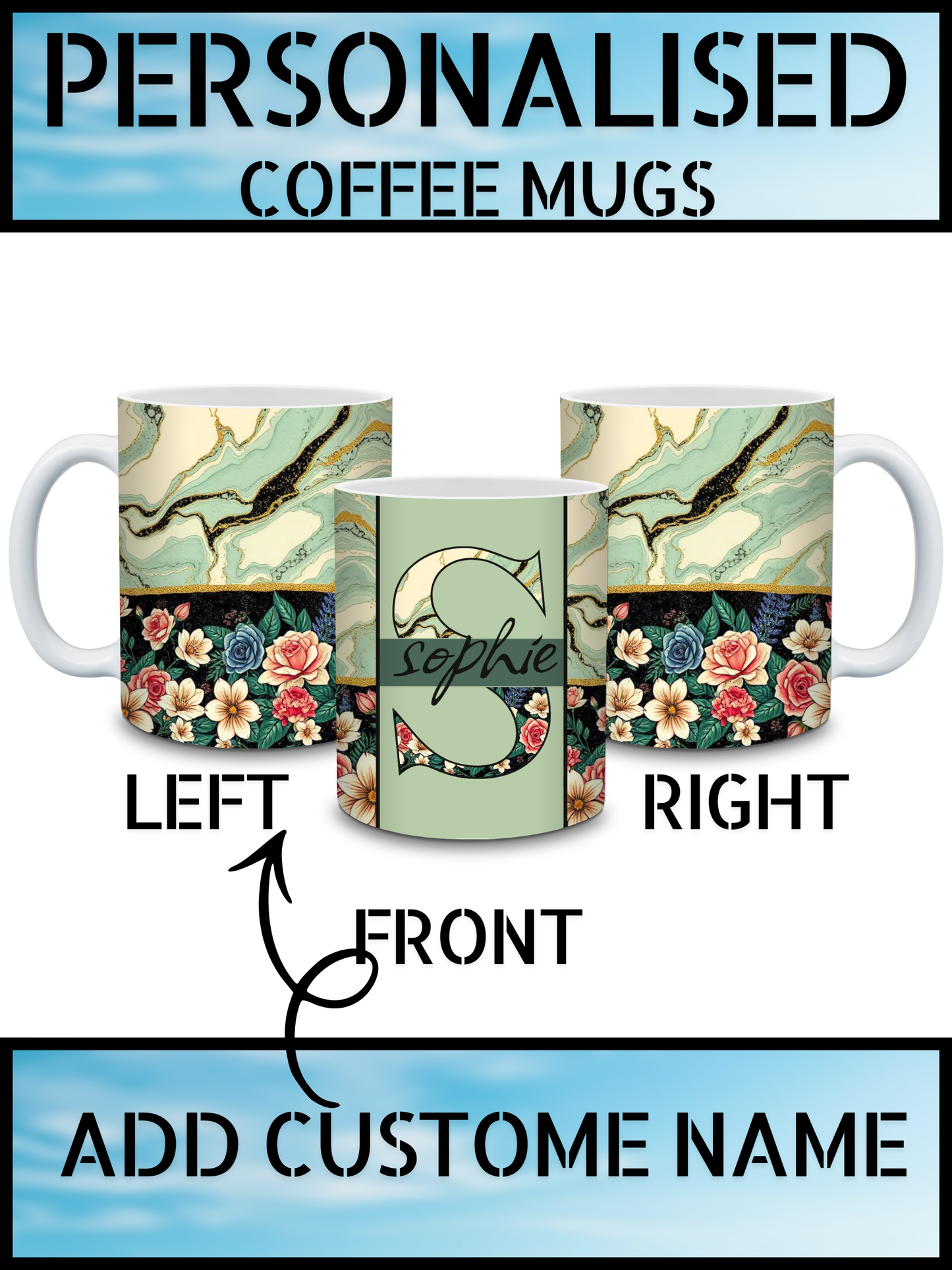 Mint Green Marble & Floral Personalised Name Coffee Mug