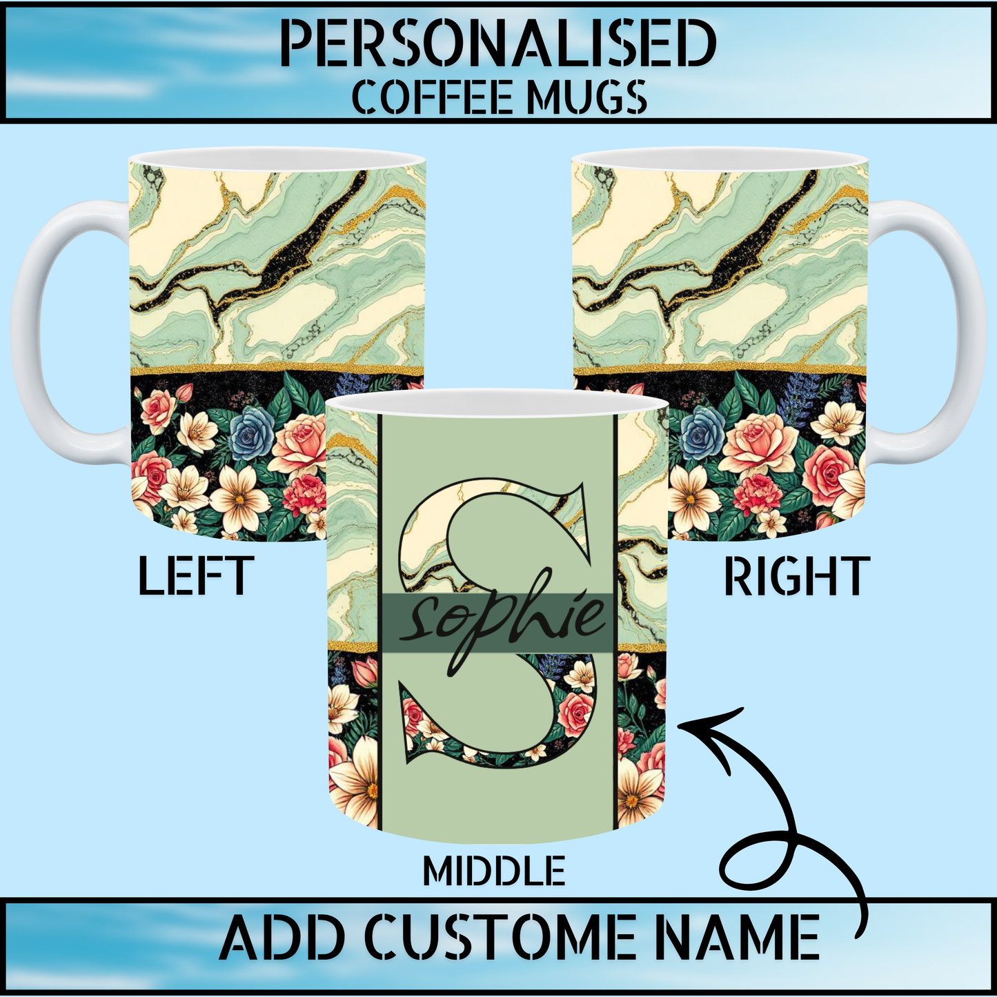 Mint Green Marble & Floral Personalised Name Coffee Mug