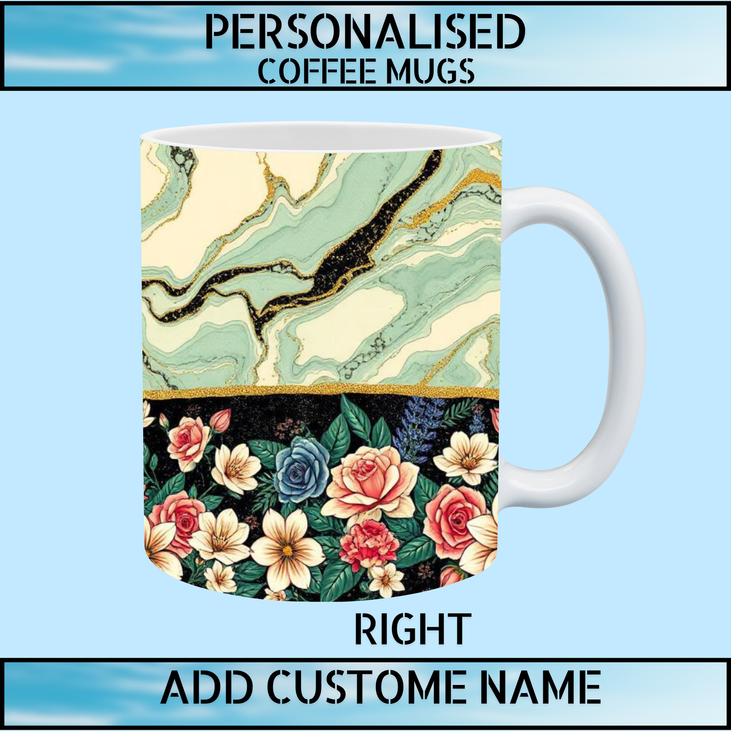 Mint Green Marble & Floral Personalised Name Coffee Mug