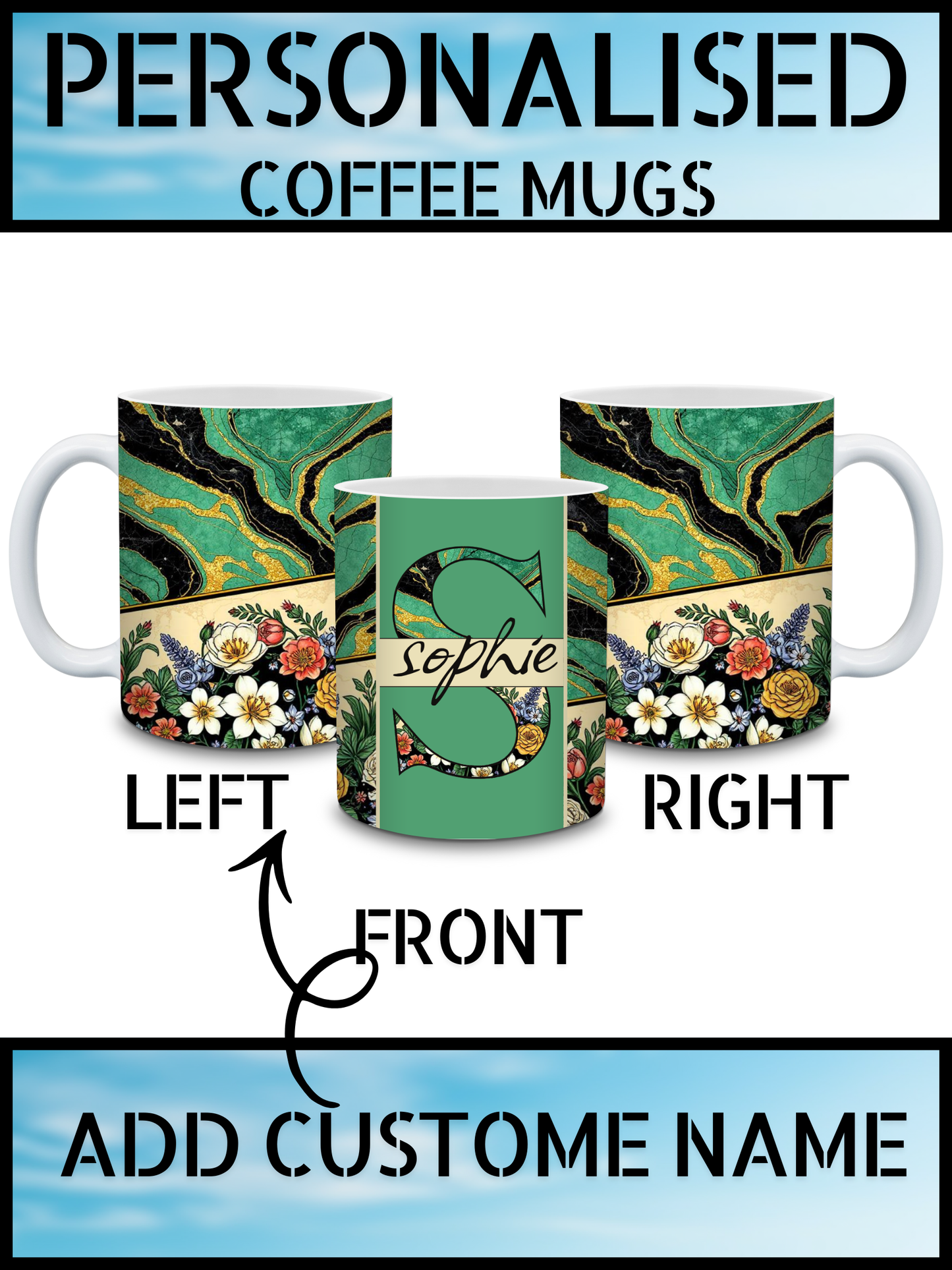Mint & Bottle Green Marble Floral Personalised Coffee Mug