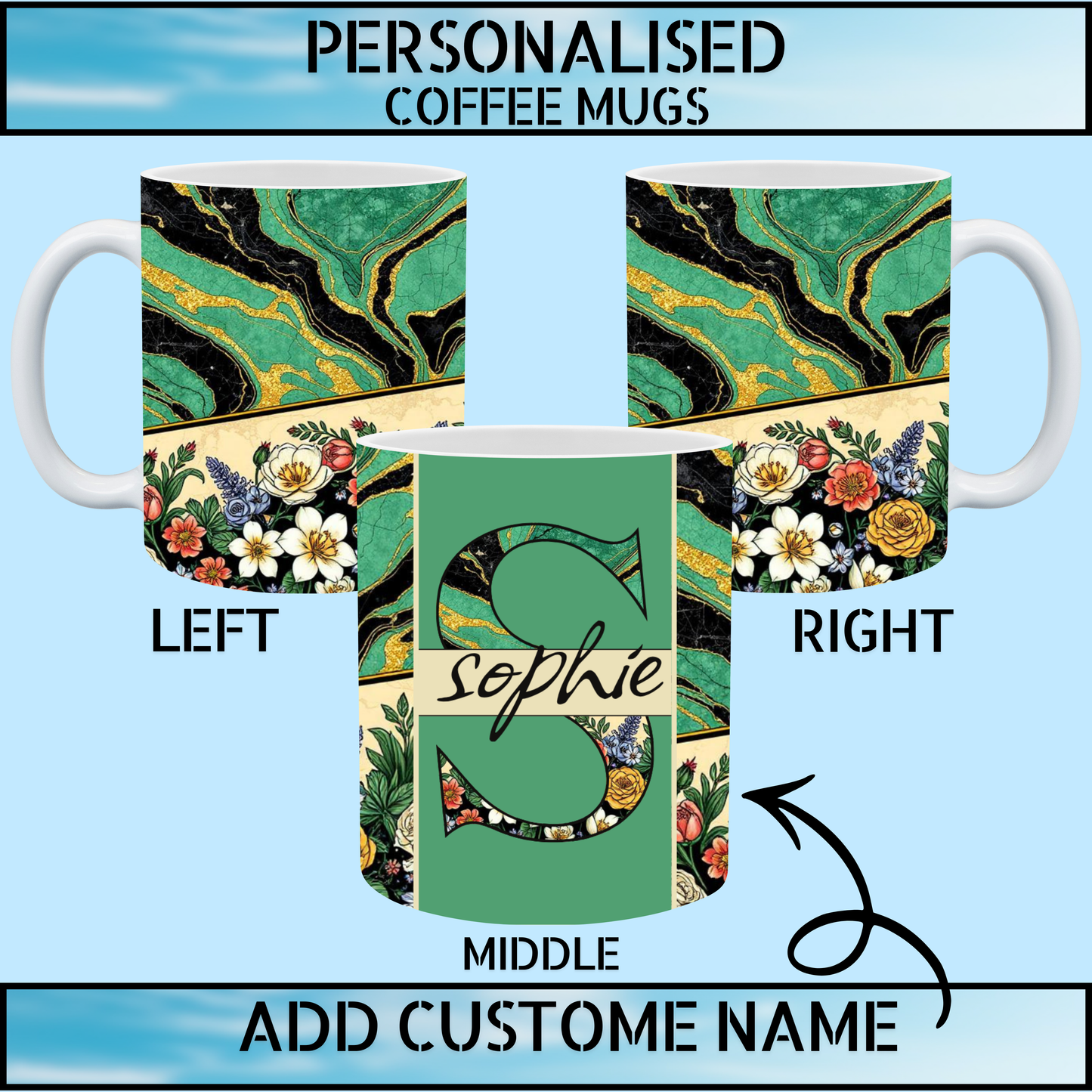 Mint & Bottle Green Marble Floral Personalised Coffee Mug