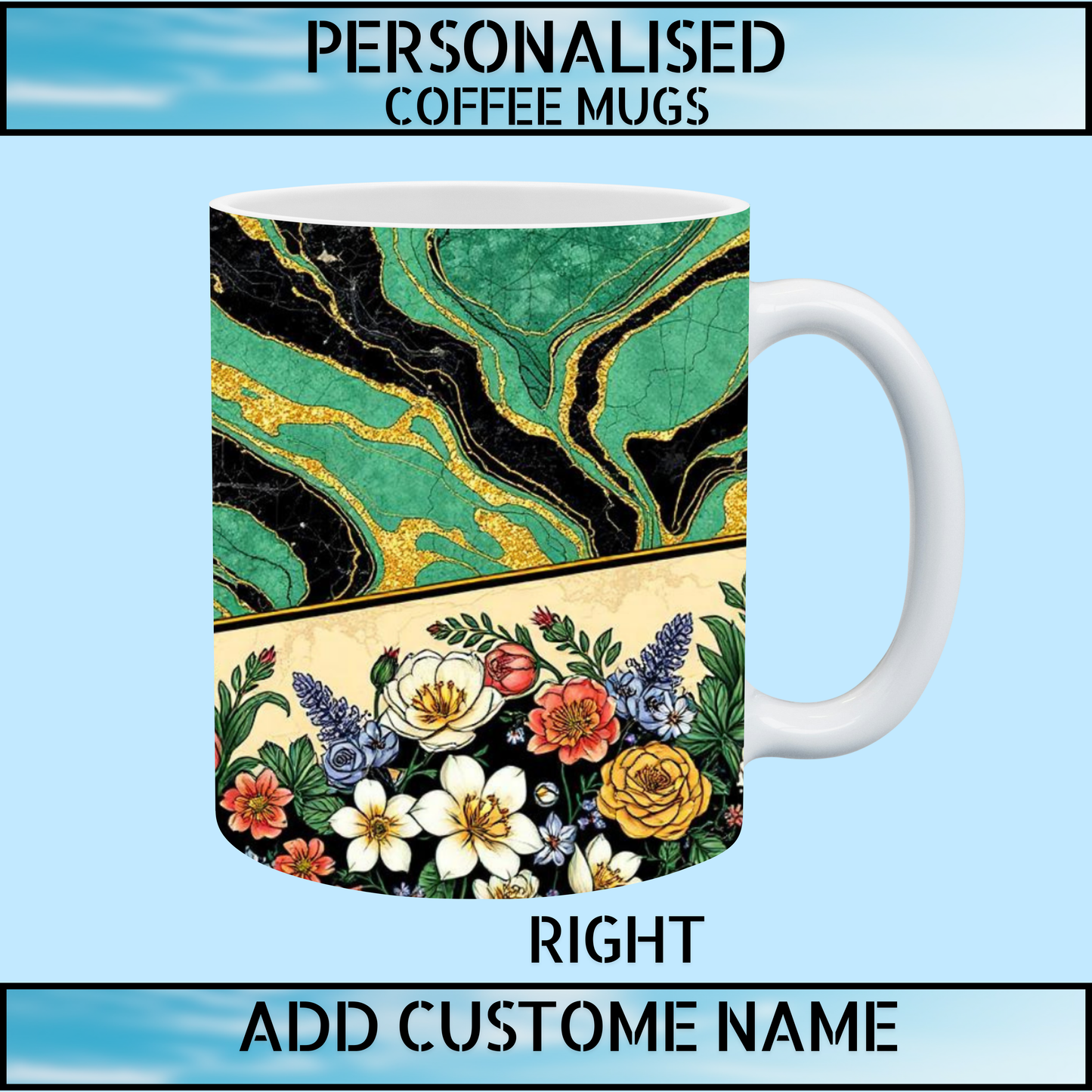 Mint & Bottle Green Marble Floral Personalised Coffee Mug