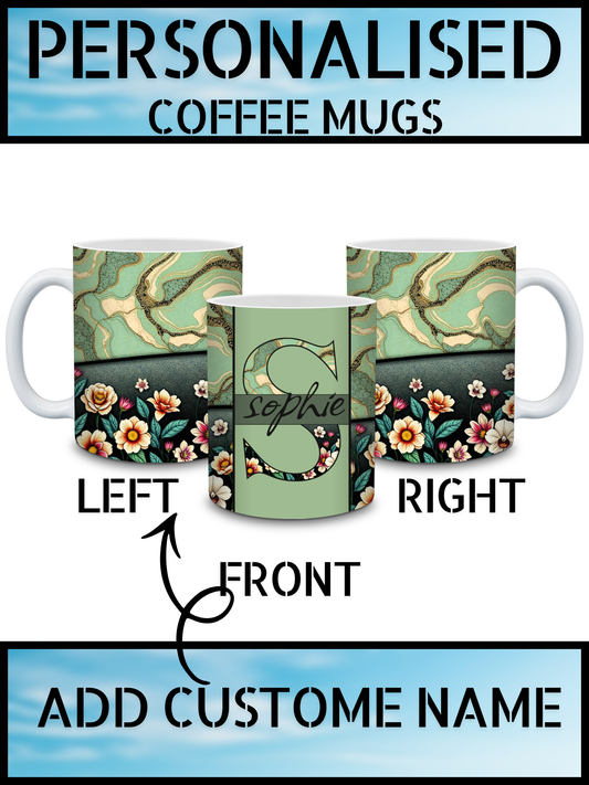 Ming Green Marble Floral Personalised Name Coffee Mug
