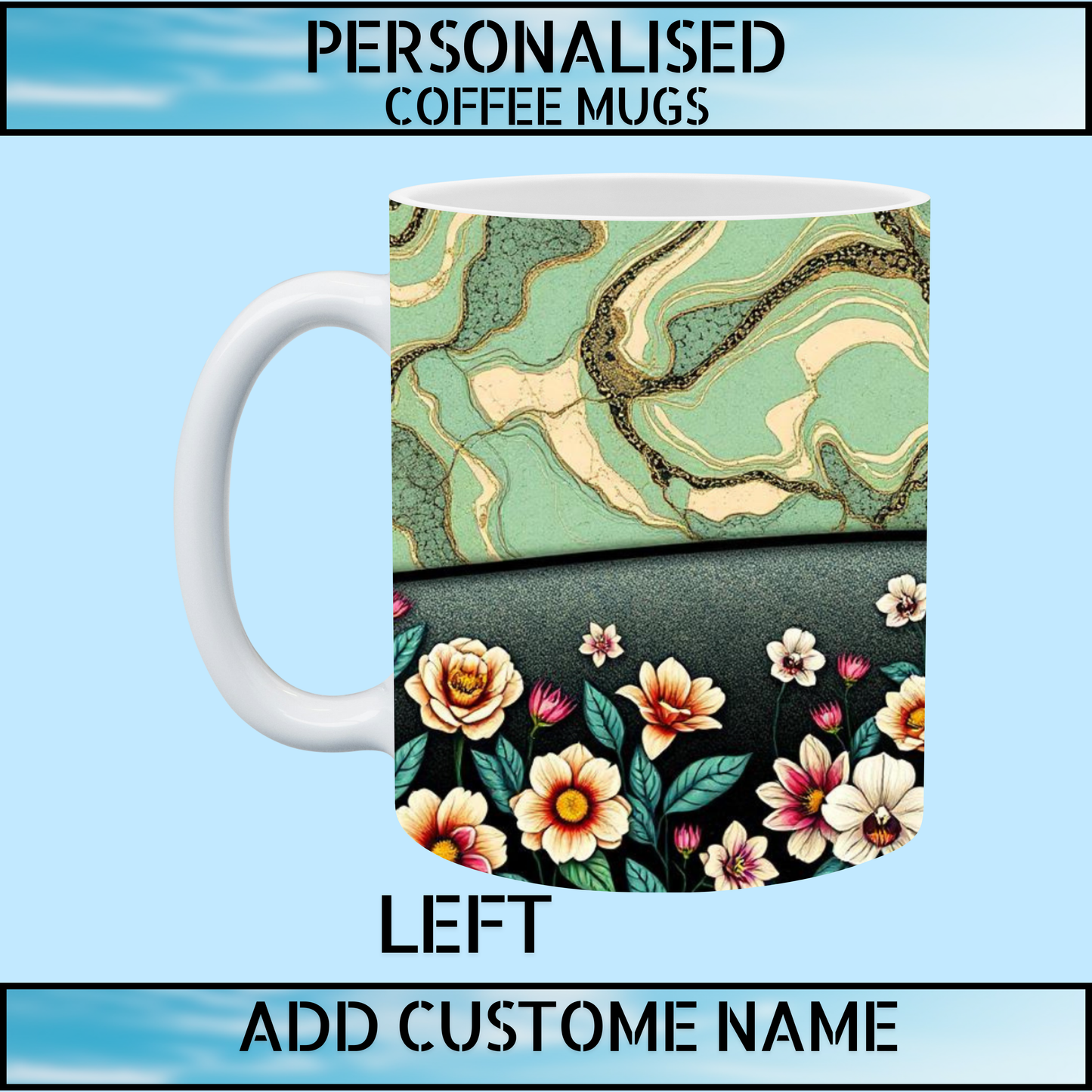 Ming Green Marble Floral Personalised Name Coffee Mug