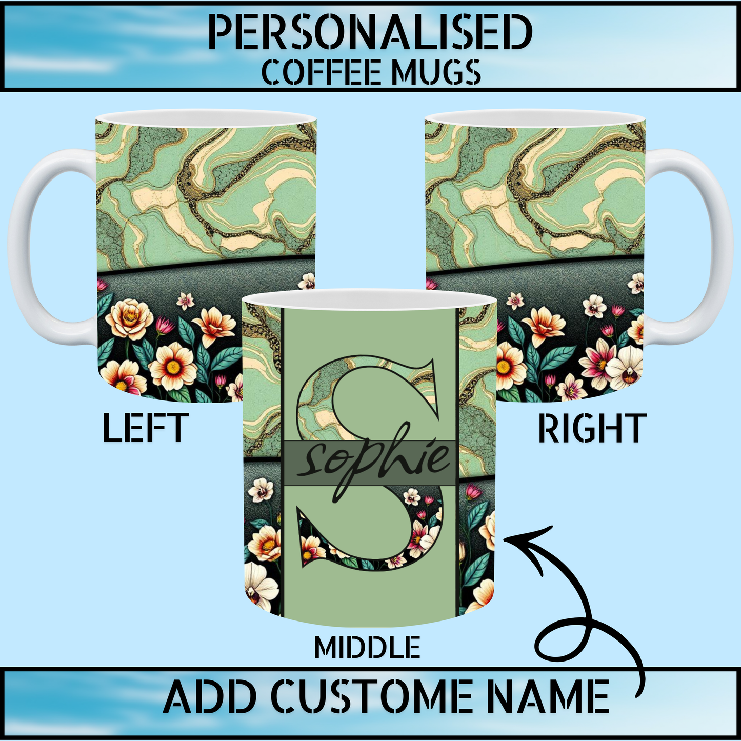 Ming Green Marble Floral Personalised Name Coffee Mug