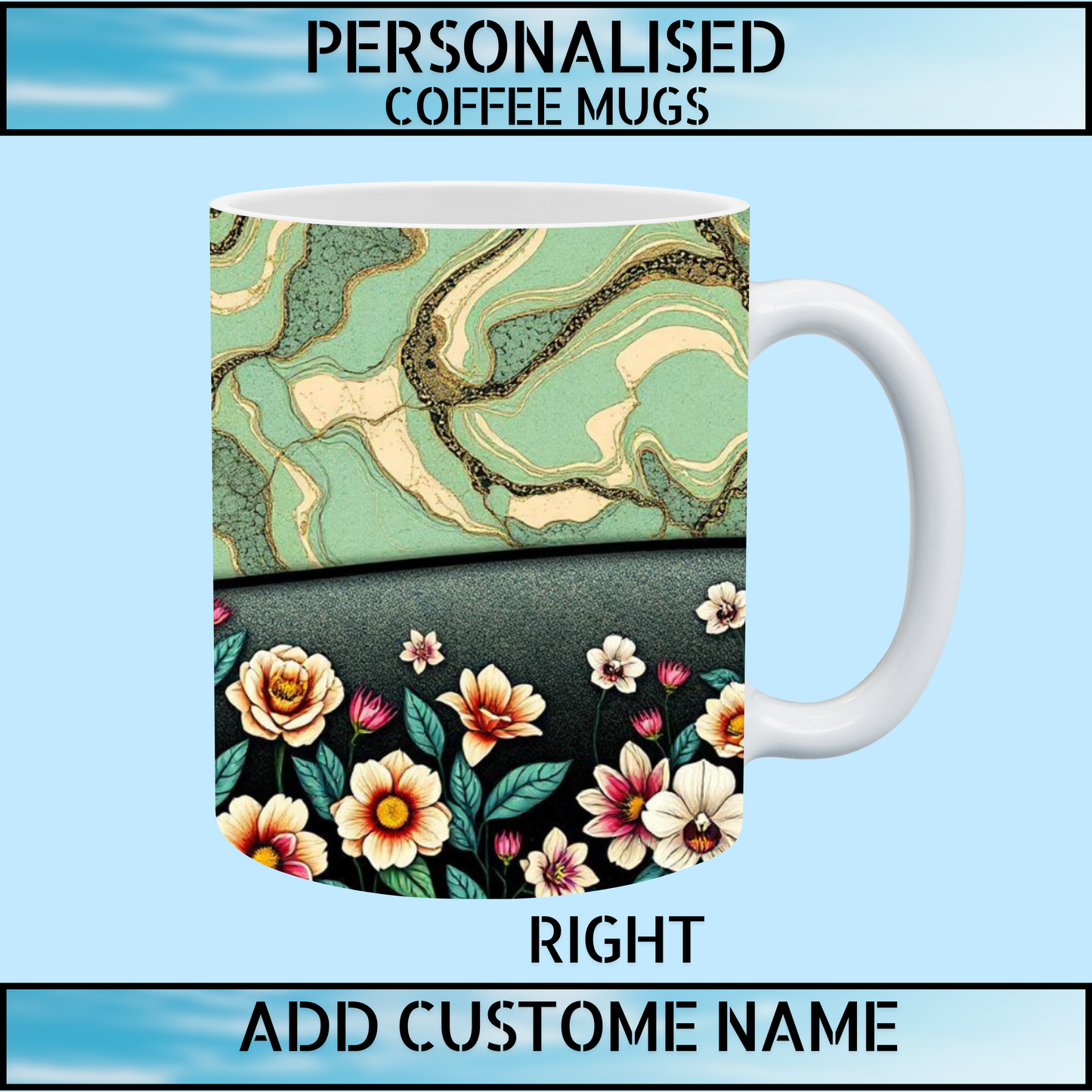 Ming Green Marble Floral Personalised Name Coffee Mug