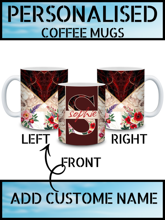 Red & Maroon Marble Floral Personalised Name Coffee Mug