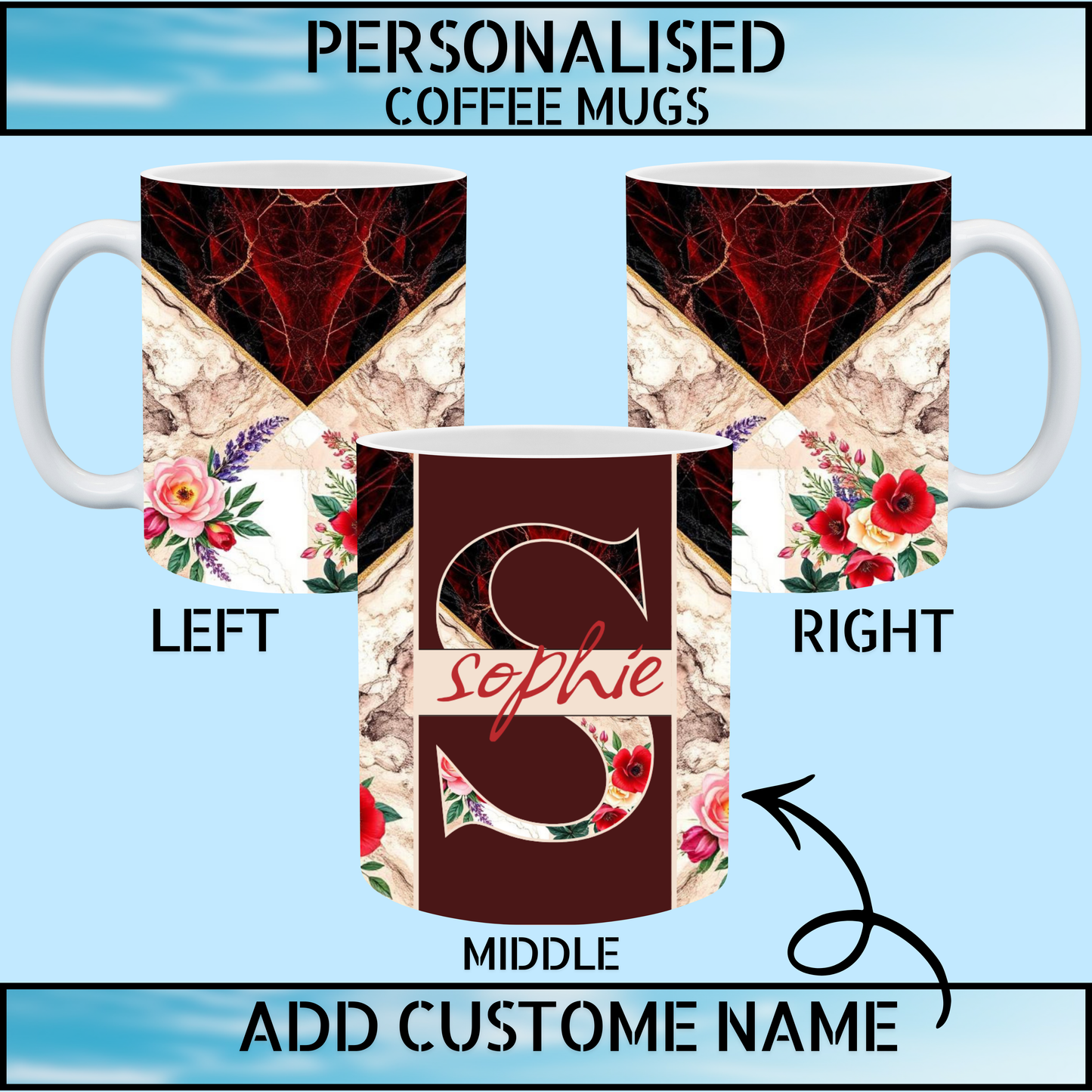 Red & Maroon Marble Floral Personalised Name Coffee Mug