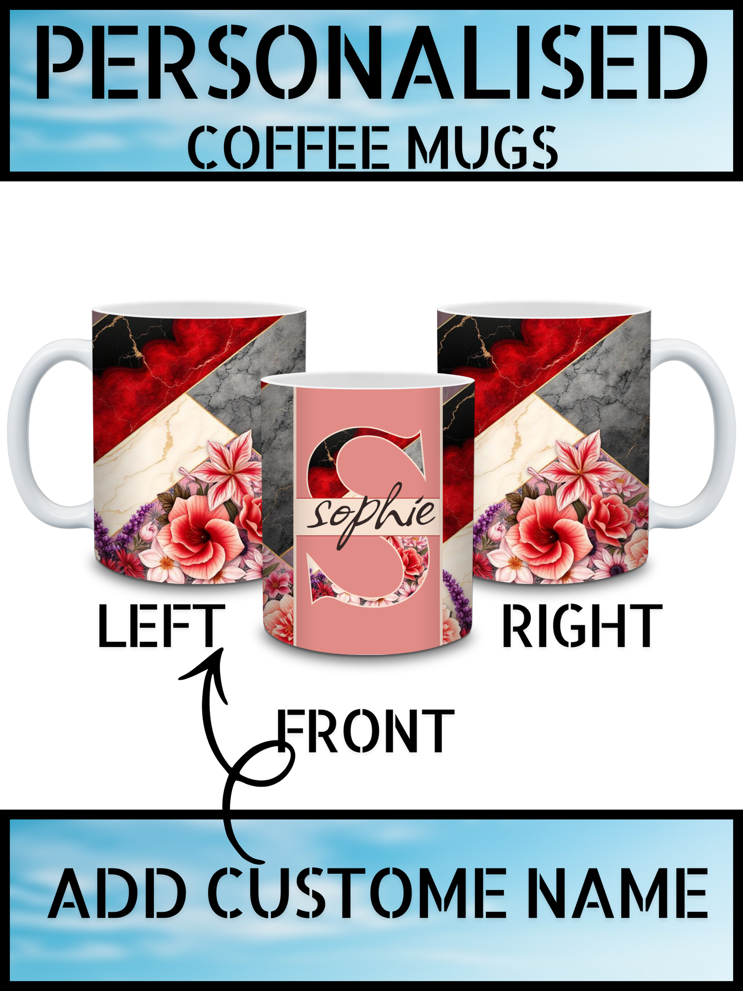 Personalised Name Marble & Floral Coffee Mug