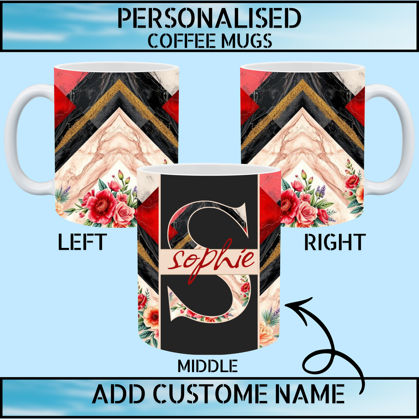 Personalised Custom Name Marble Floral Coffee Mug
