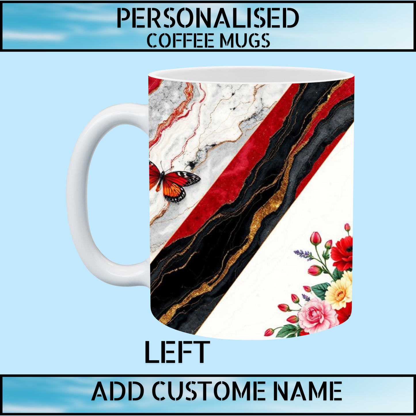 Red & Black Marble Floral Personalised Name Coffee Mug