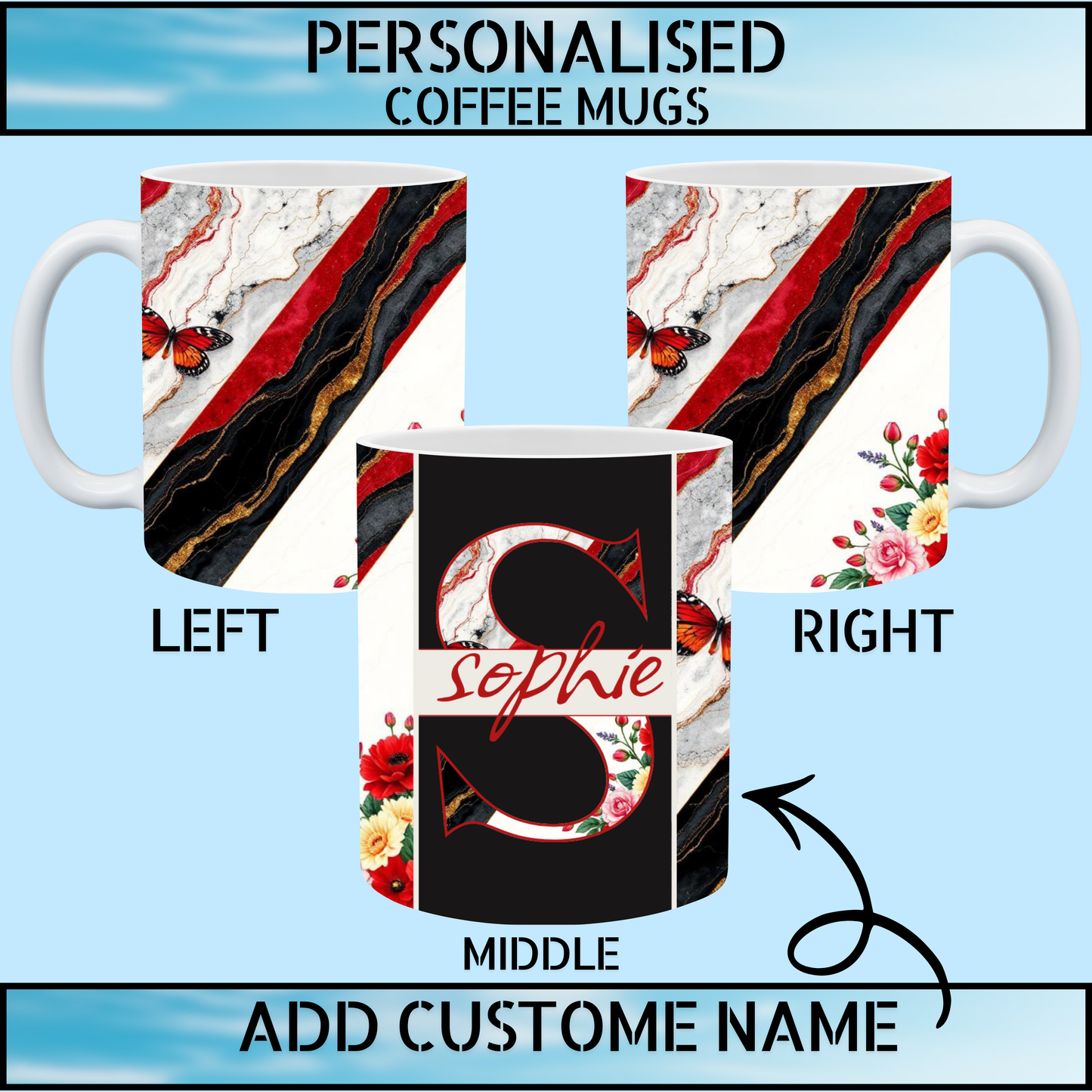 Red & Black Marble Floral Personalised Name Coffee Mug