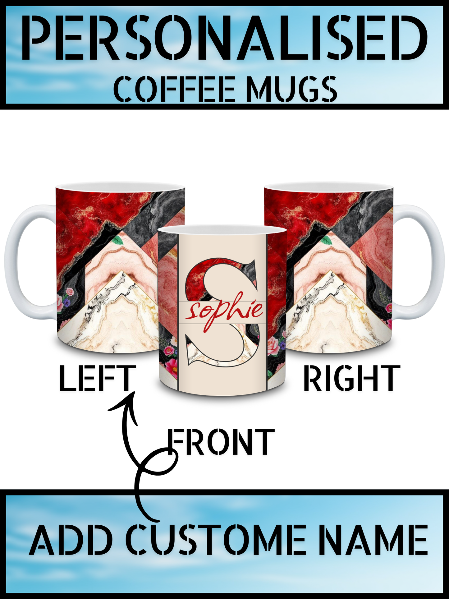 Red & Black Marble Floral Personalised Coffee Mug