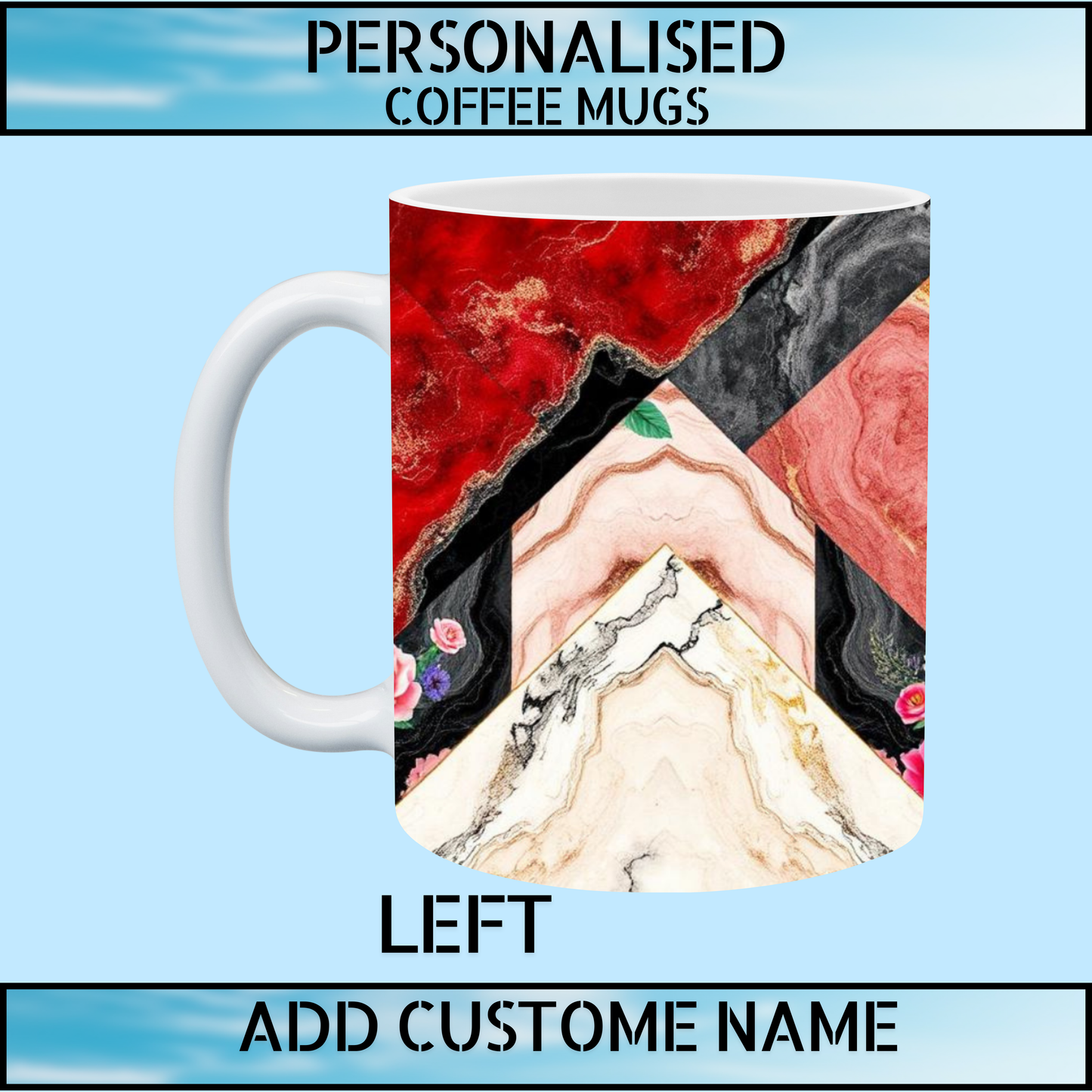 Red & Black Marble Floral Personalised Coffee Mug