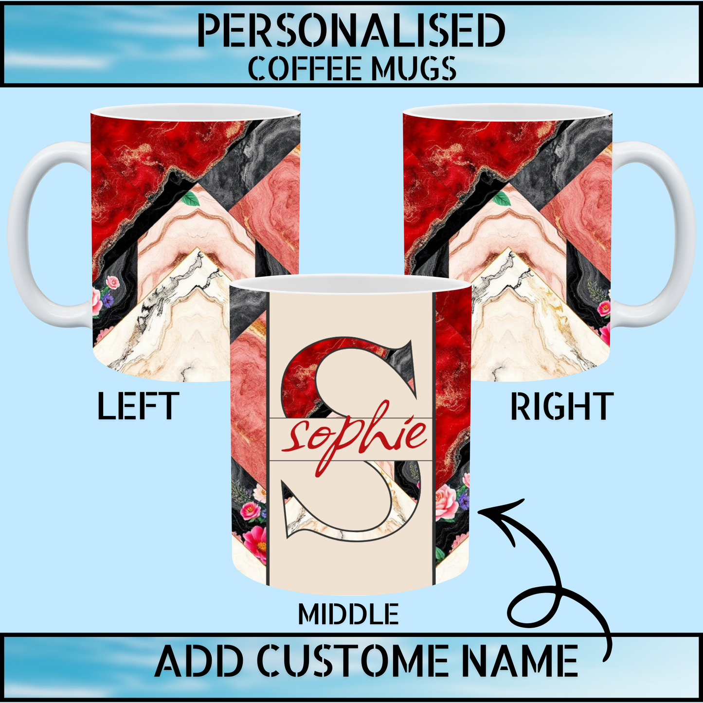 Red & Black Marble Floral Personalised Coffee Mug