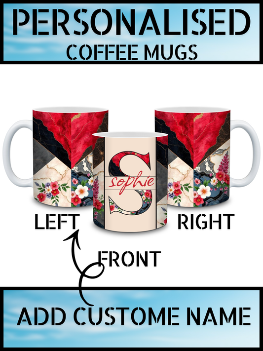 Initial & Name Red & Black Marble Floral Coffee Mug