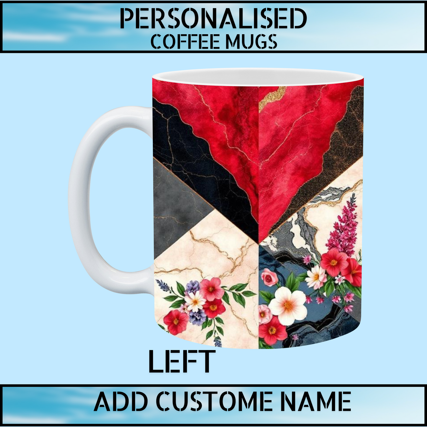 Initial & Name Red & Black Marble Floral Coffee Mug