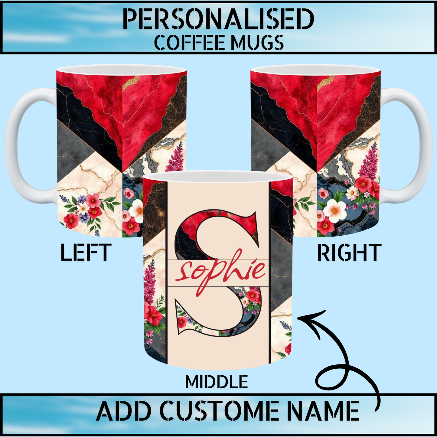 Initial & Name Red & Black Marble Floral Coffee Mug