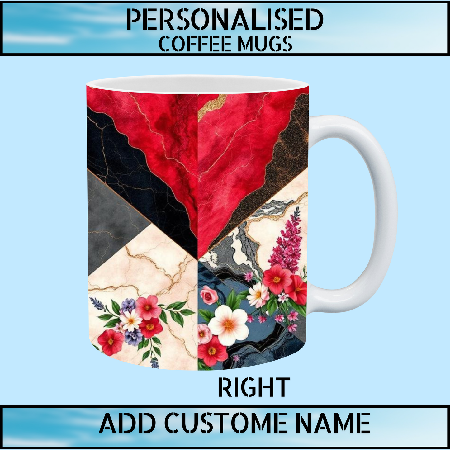 Initial & Name Red & Black Marble Floral Coffee Mug