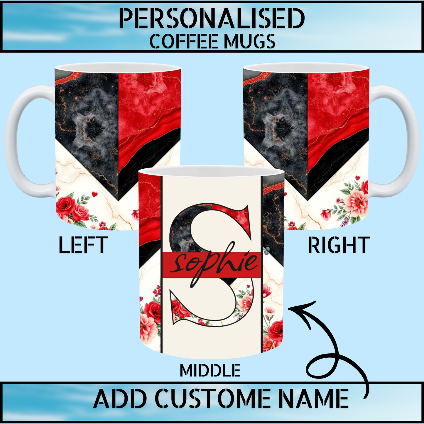 Custom Name Ceramic 11oz Marble Floral Coffee Mug