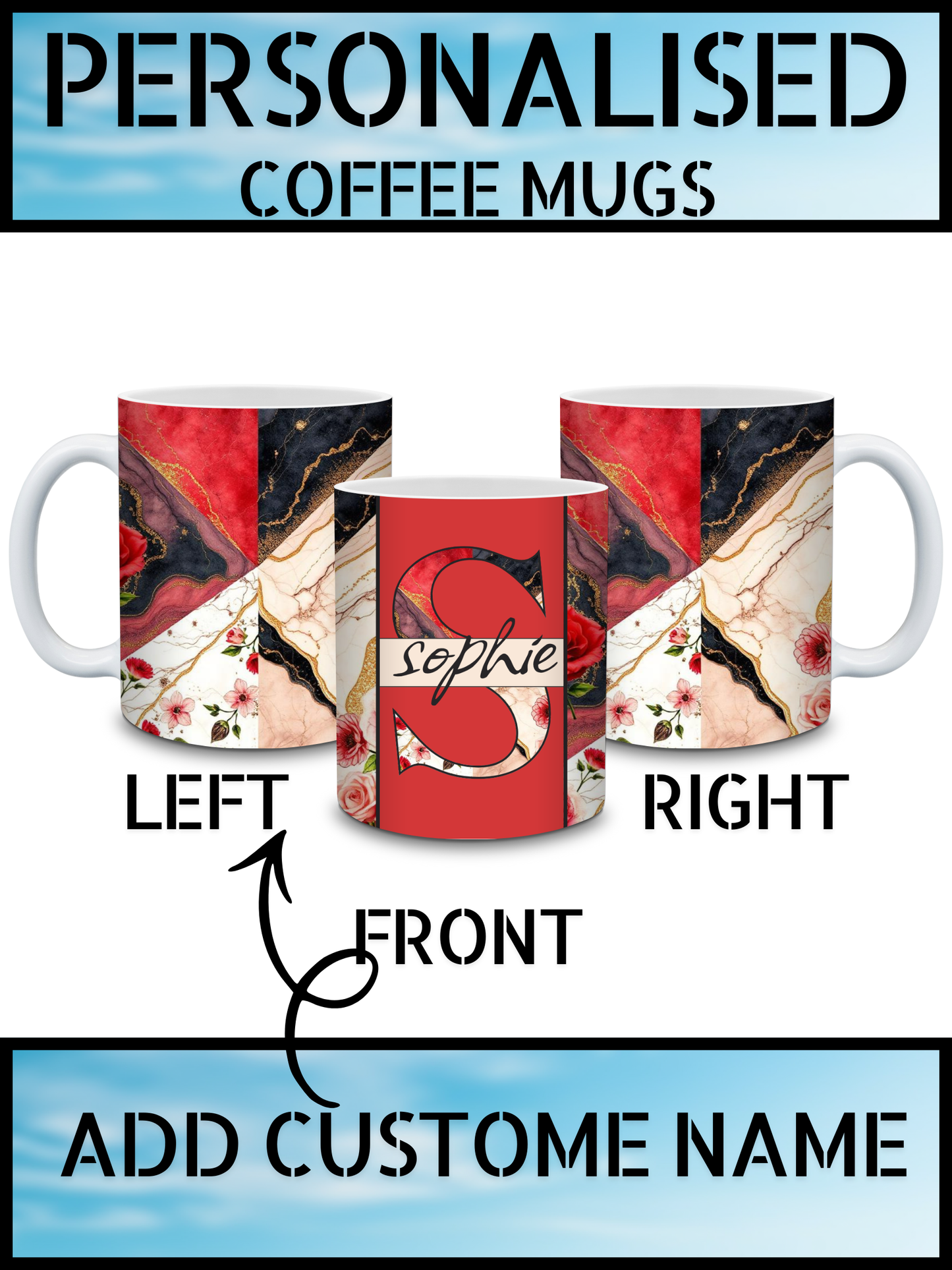 Floral & Marble Patterned Personalised Coffee Mug