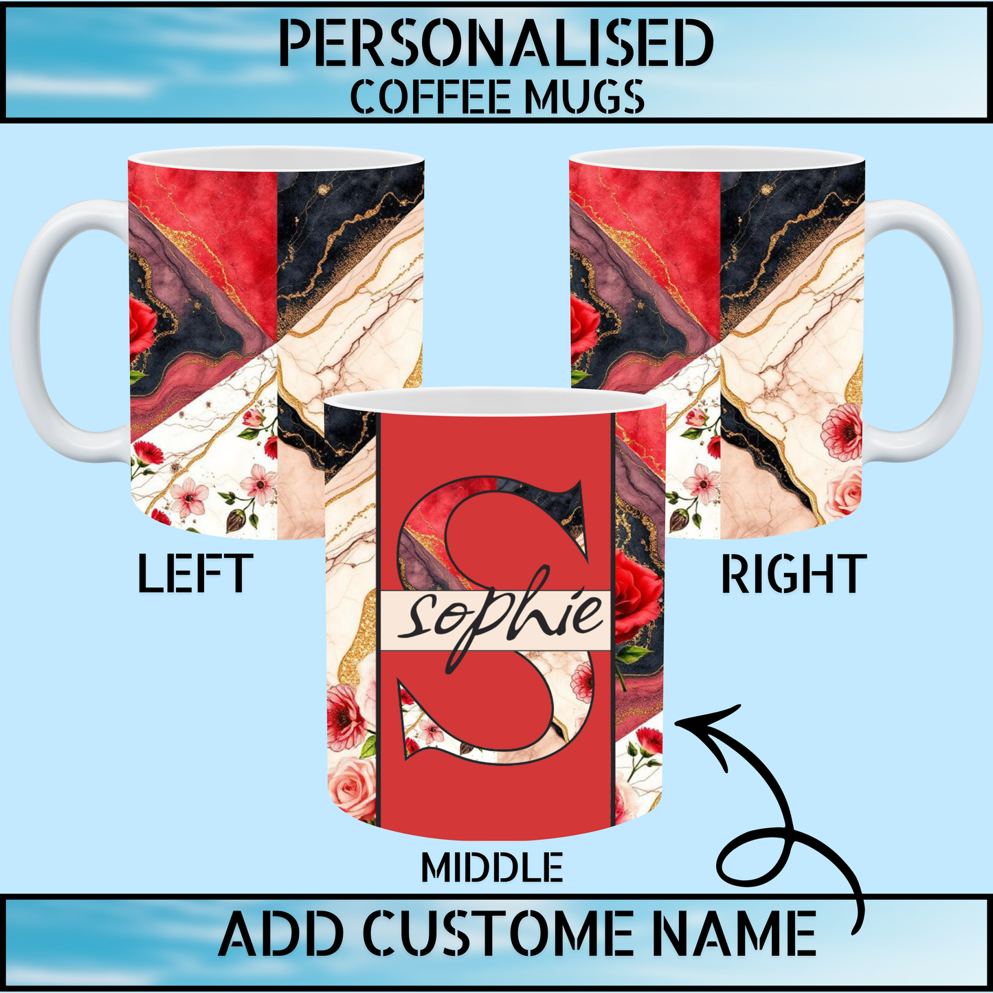 Floral & Marble Patterned Personalised Coffee Mug