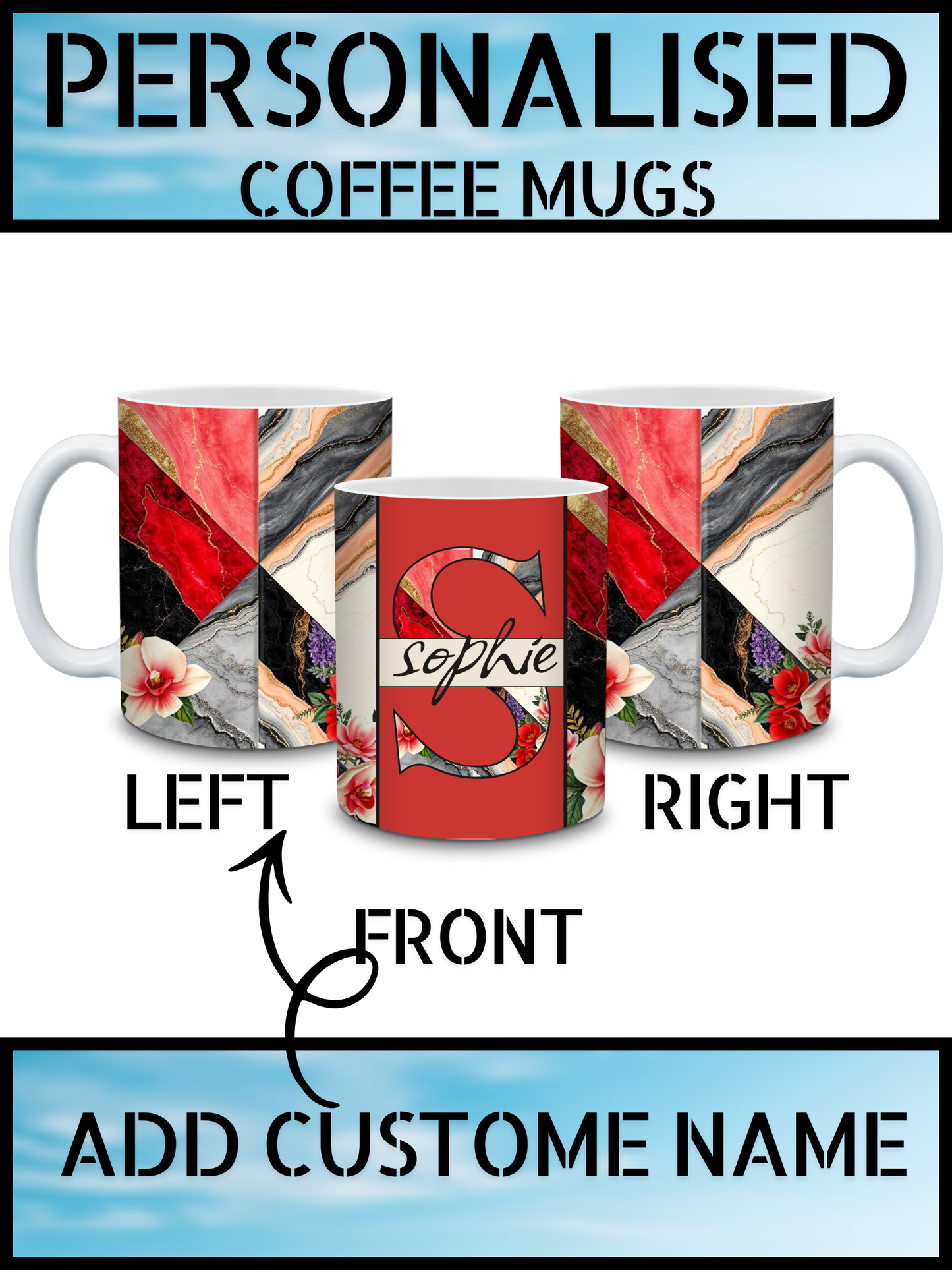 Custom Initial & Name Marble Floral Coffee Mug