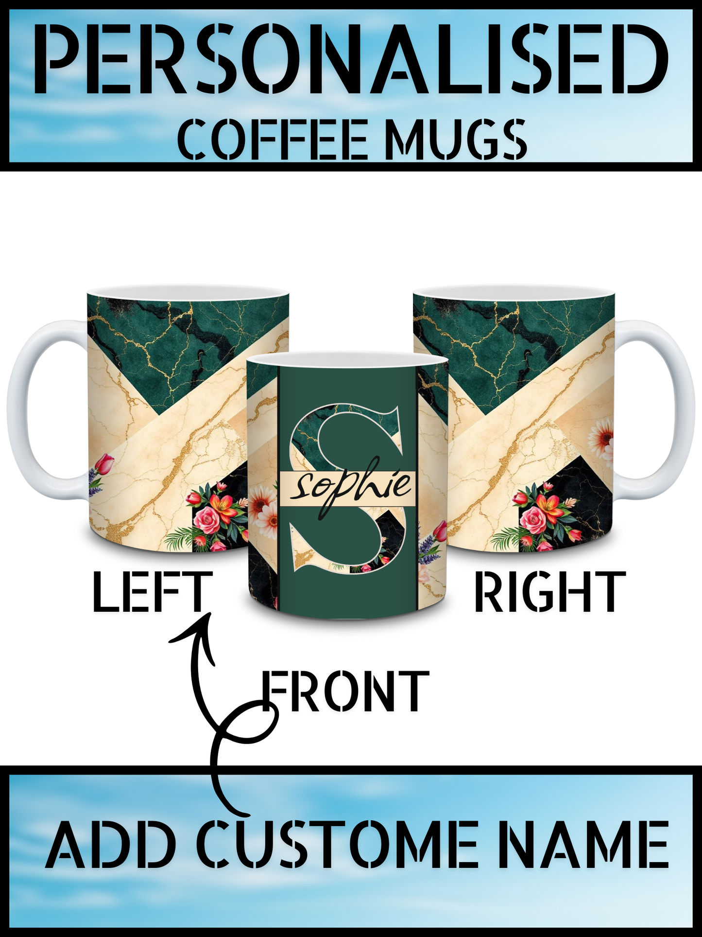 Bottle Green & Beige Marble Floral Personalised Coffee Mug