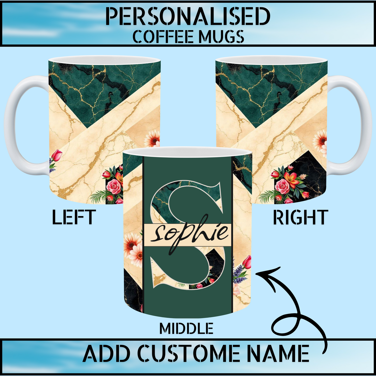 Bottle Green & Beige Marble Floral Personalised Coffee Mug