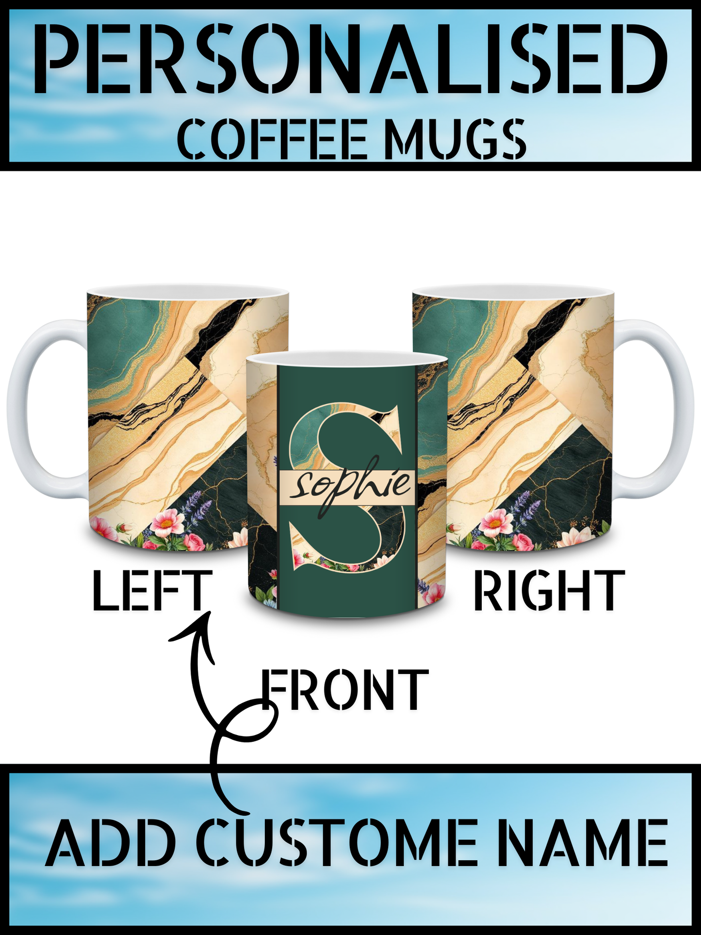 Custom Name & Initial Marble Floral Gift Coffee Mug