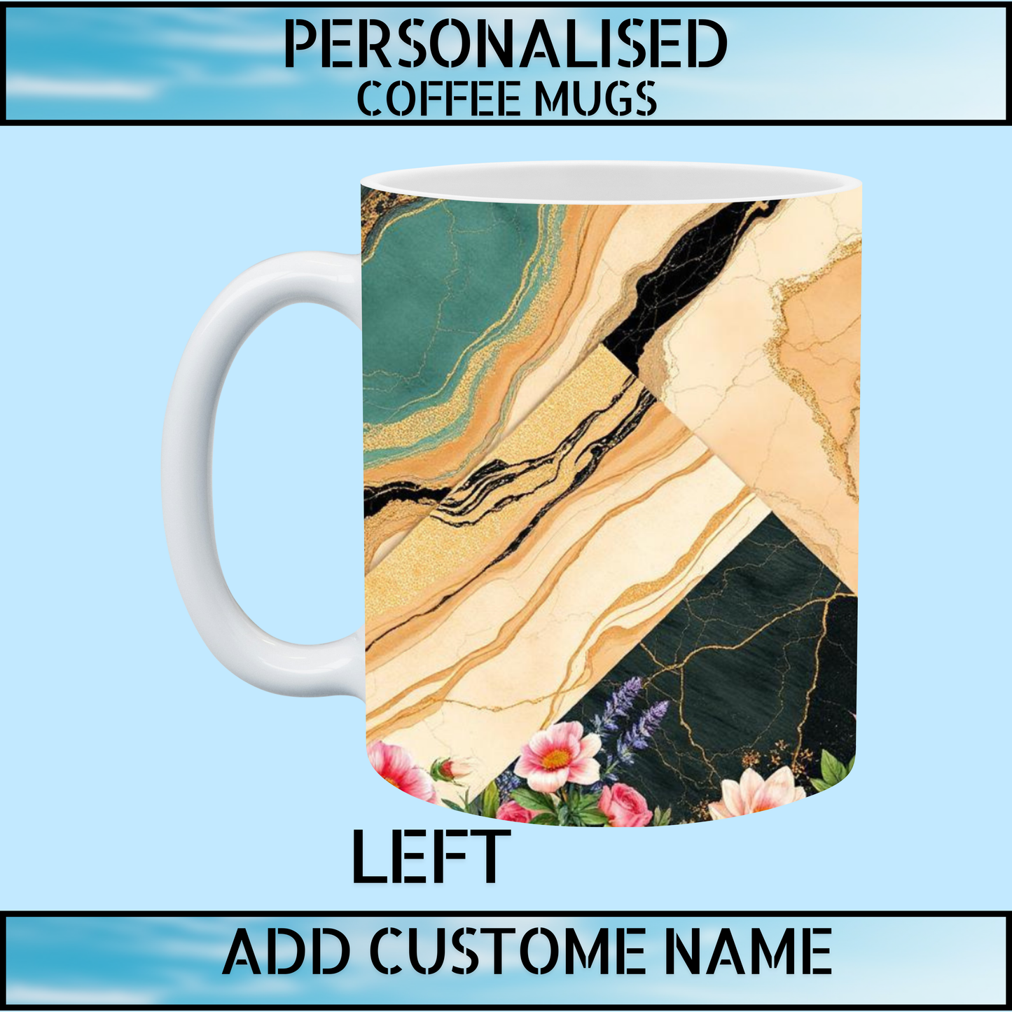 Custom Name & Initial Marble Floral Gift Coffee Mug