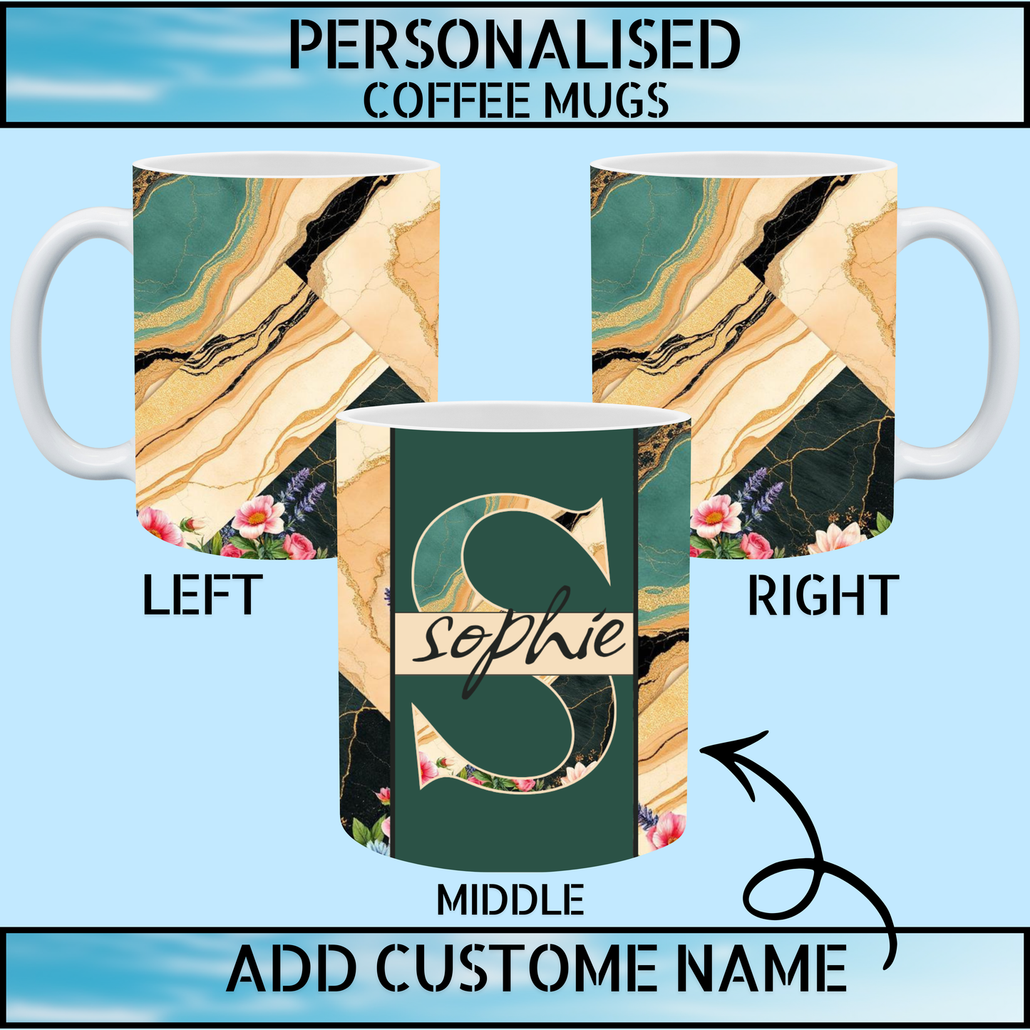 Custom Name & Initial Marble Floral Gift Coffee Mug