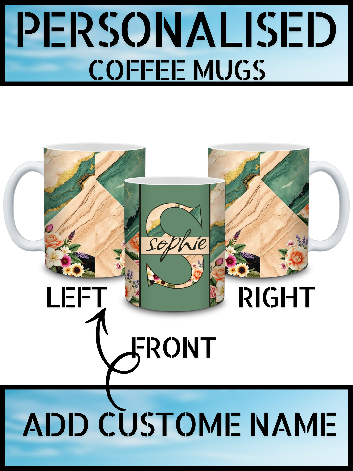 Personalised Green Marble Floral Ceramic Coffee Mug