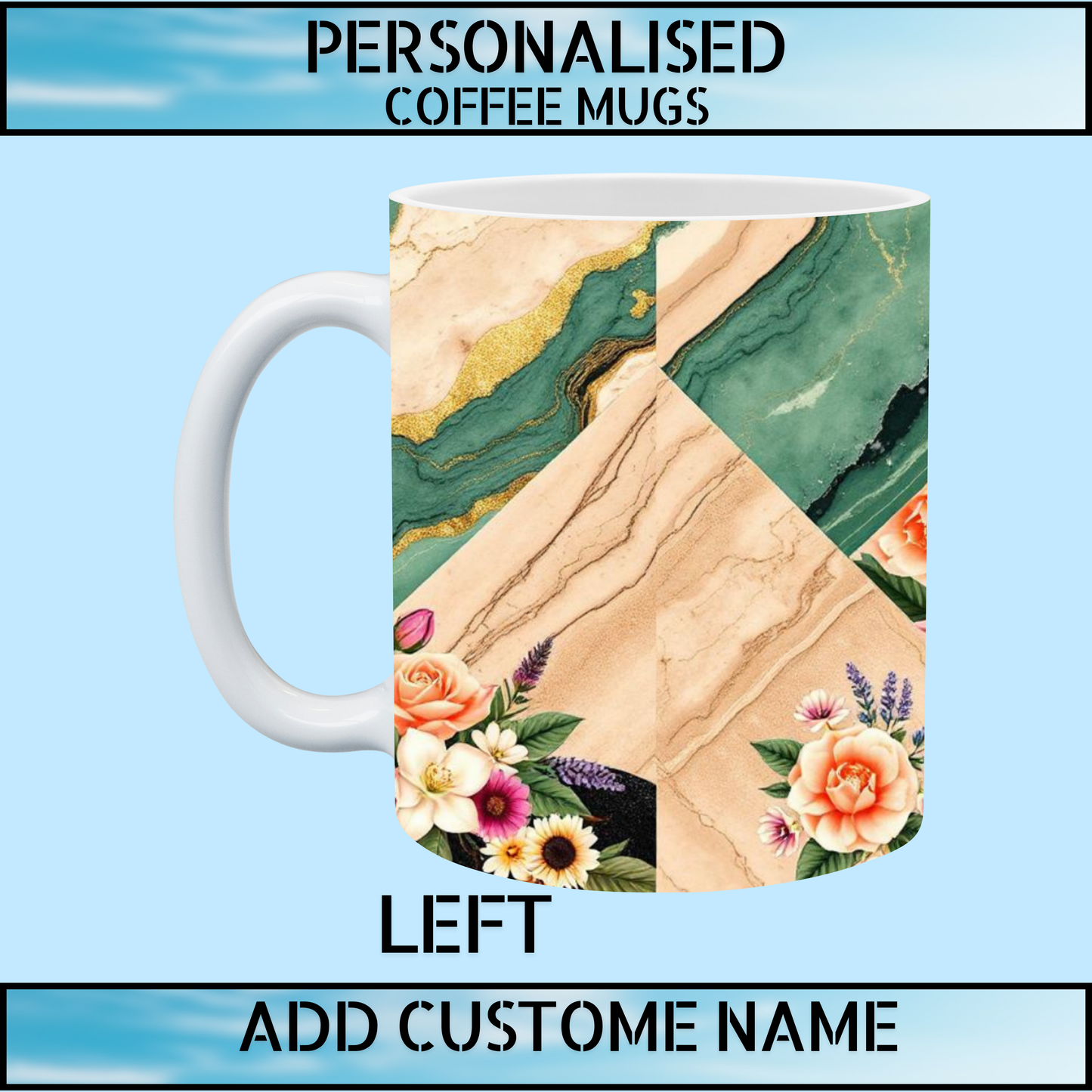 Personalised Green Marble Floral Ceramic Coffee Mug