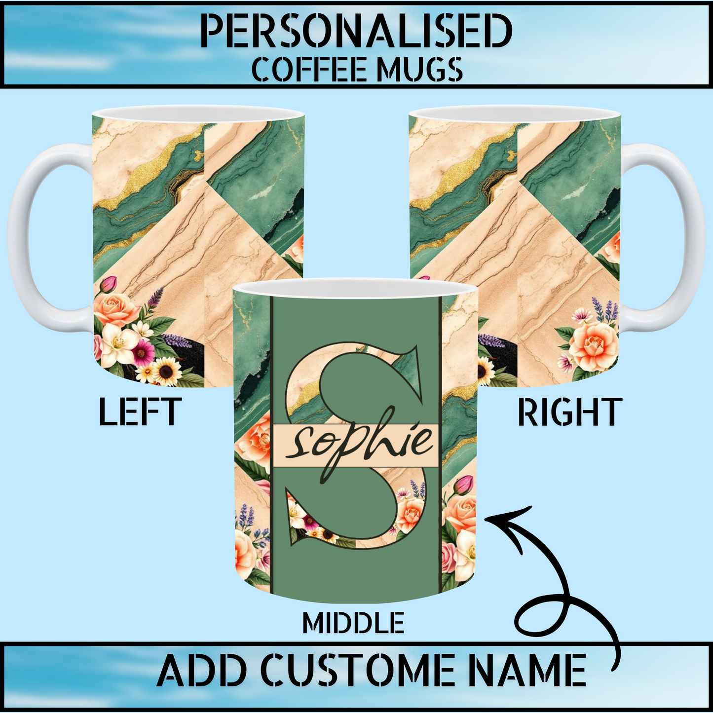 Personalised Green Marble Floral Ceramic Coffee Mug