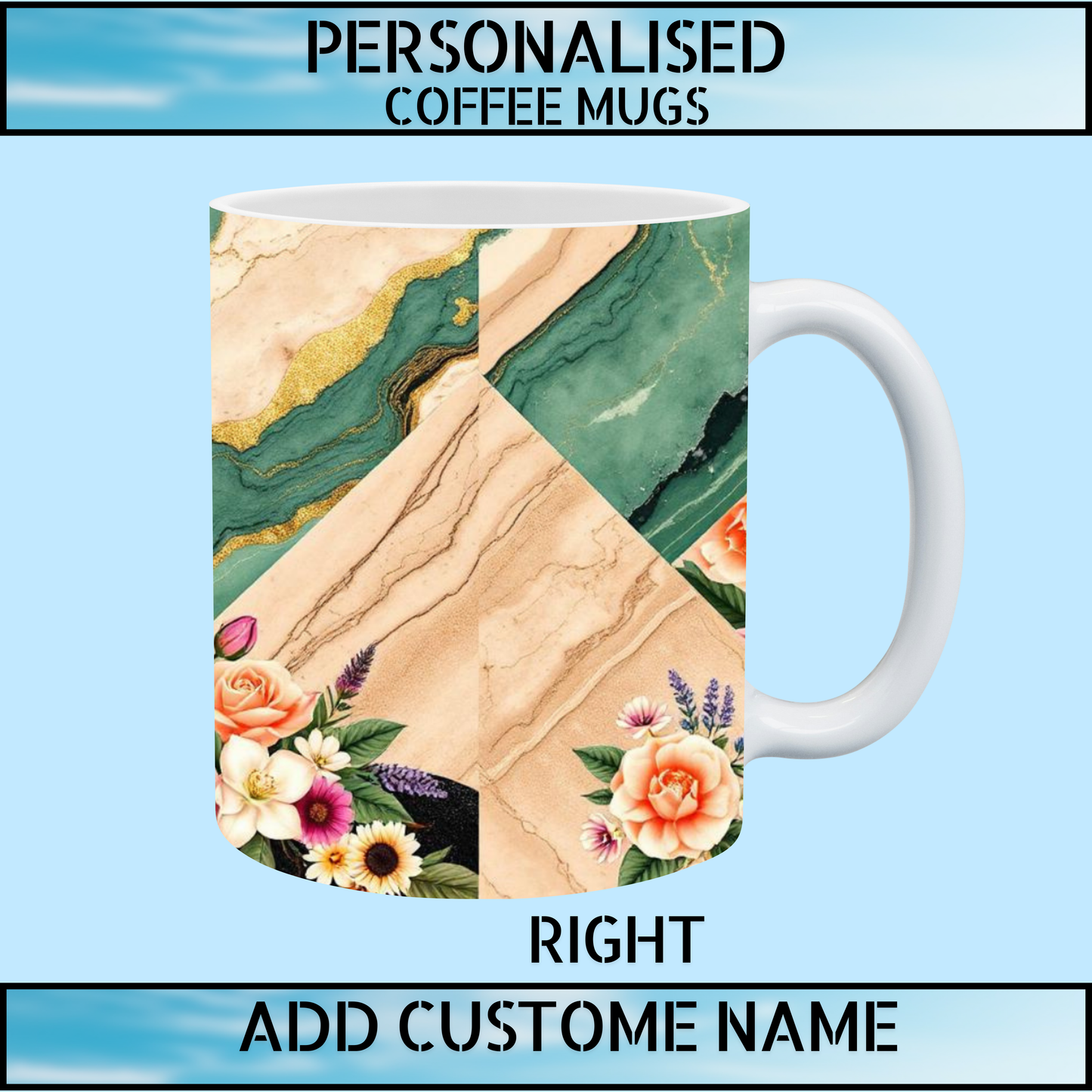 Personalised Green Marble Floral Ceramic Coffee Mug