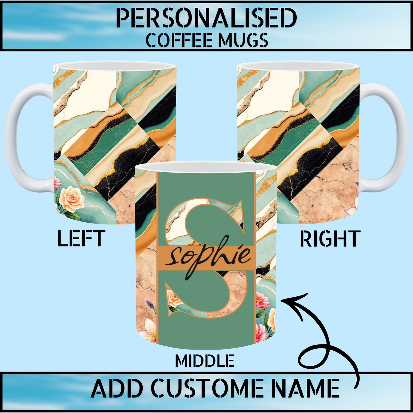 Personalised Green & Gold Marble Floral Coffee Mug