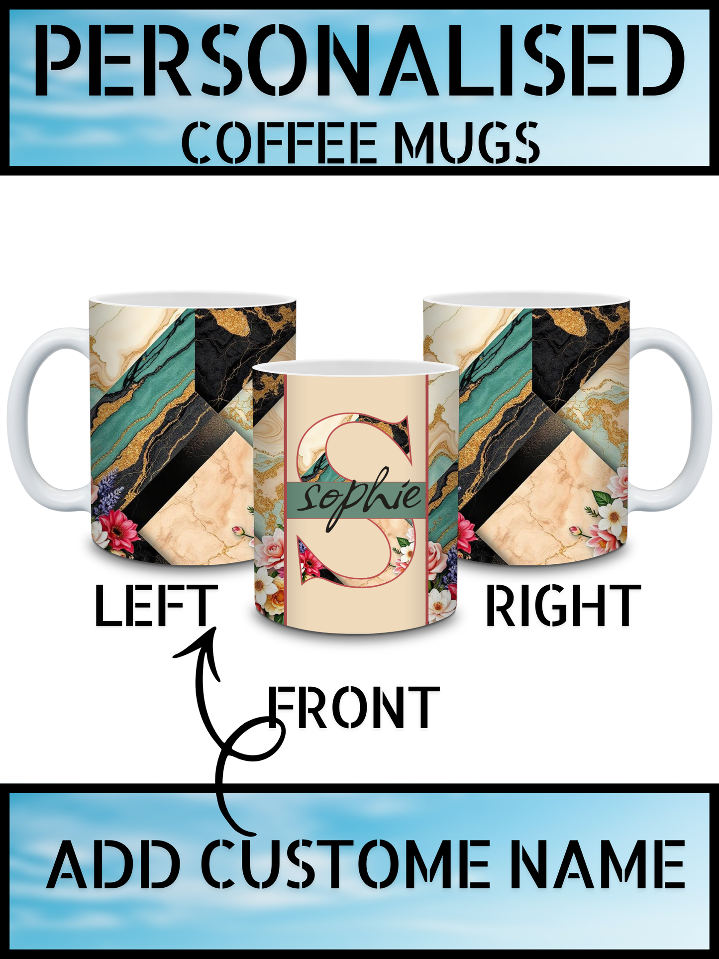 Personalised Green & Gold Marble Floral 11oz Coffee Mug