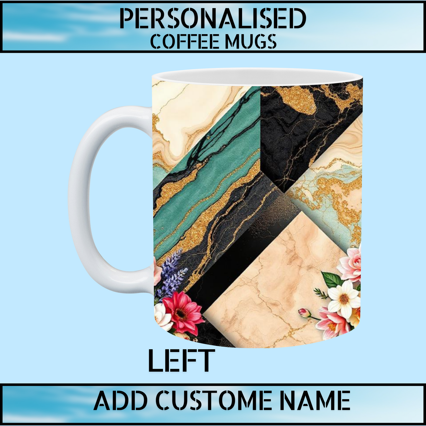 Personalised Green & Gold Marble Floral 11oz Coffee Mug