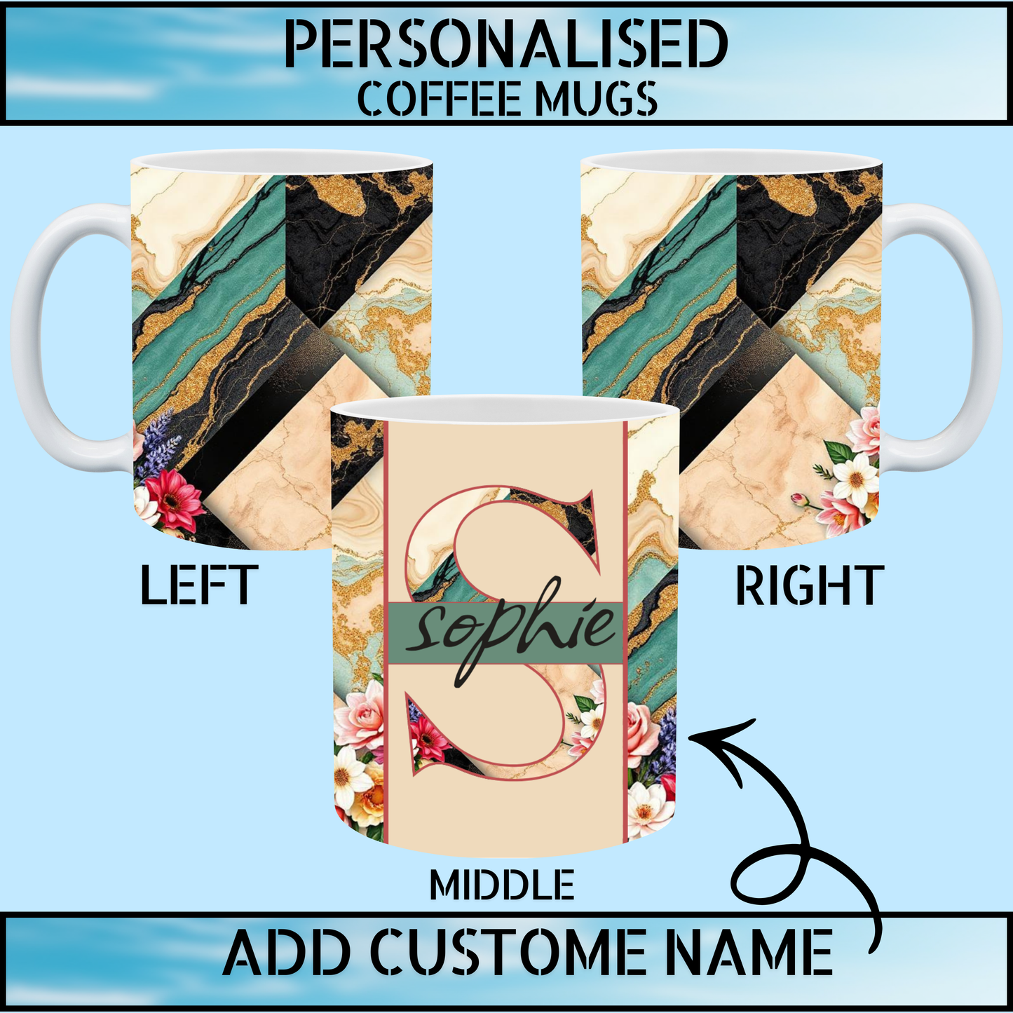 Personalised Green & Gold Marble Floral 11oz Coffee Mug
