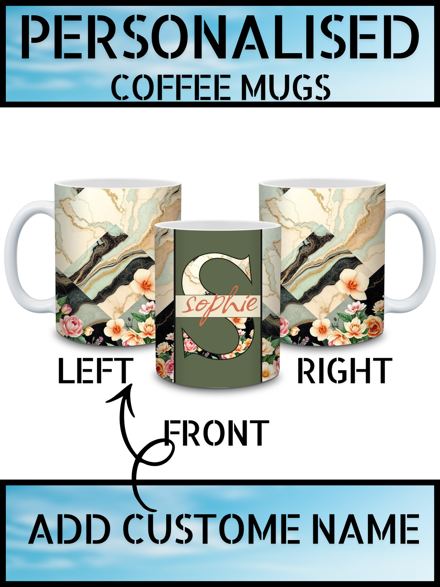 Personalised Floral & Marble Art Ceramic Coffee Mug