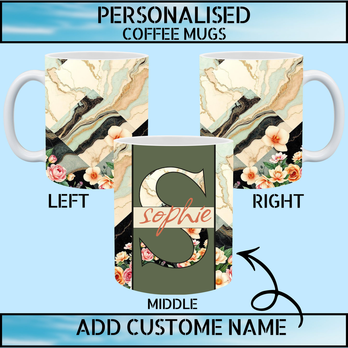 Personalised Floral & Marble Art Ceramic Coffee Mug