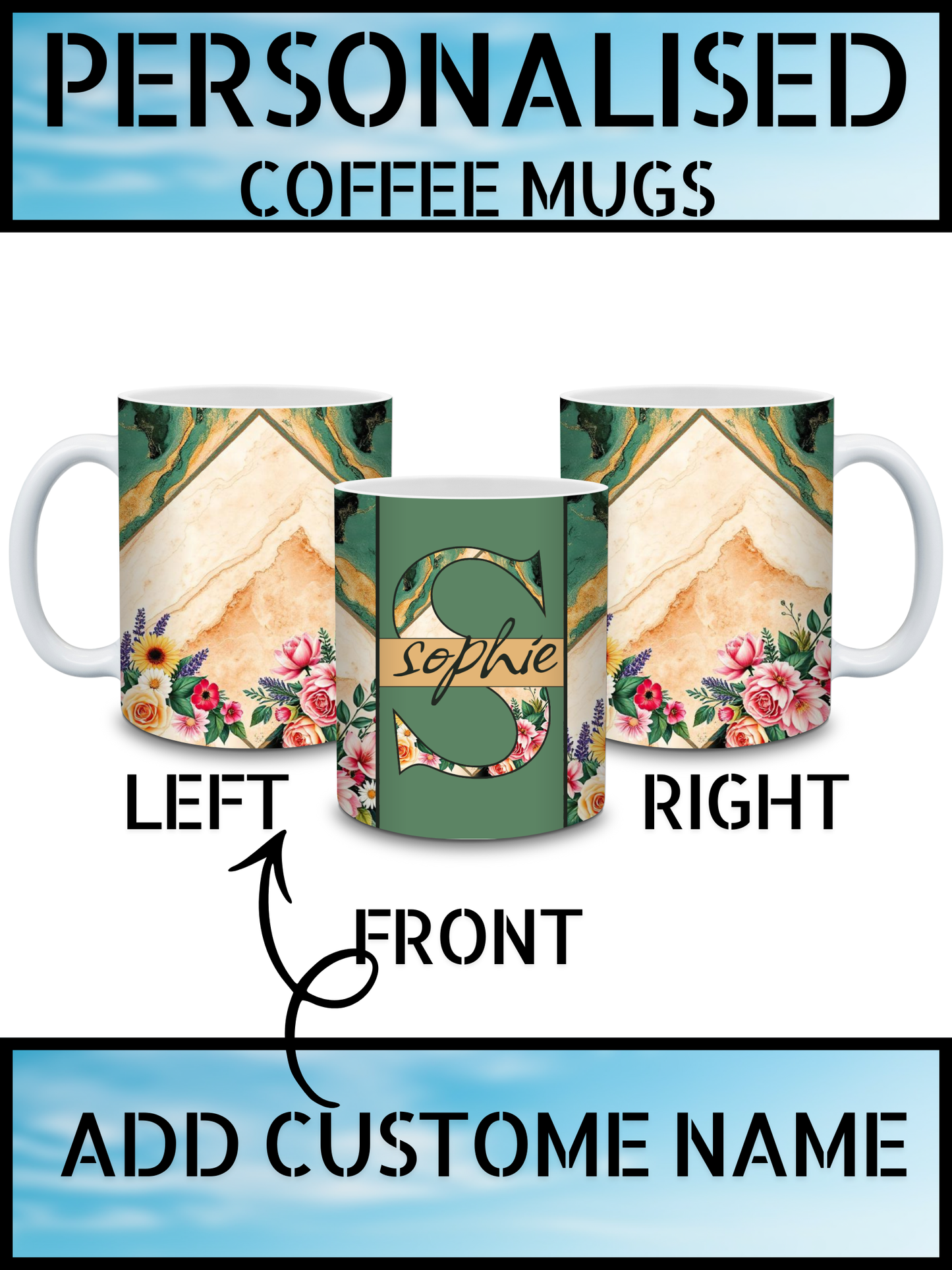 Elegant Marble & Floral Personalised Ceramic Coffee Mug