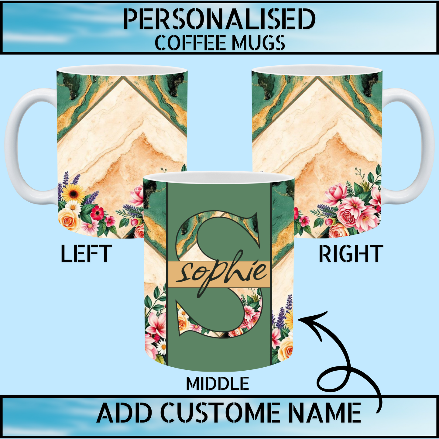 Elegant Marble & Floral Personalised Ceramic Coffee Mug