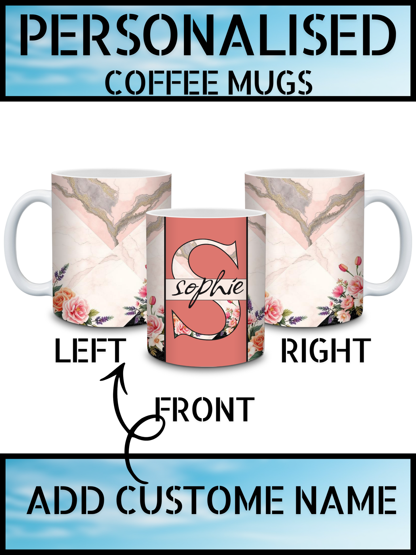 Pink Marble & Floral 11oz Personalised Coffee Mug