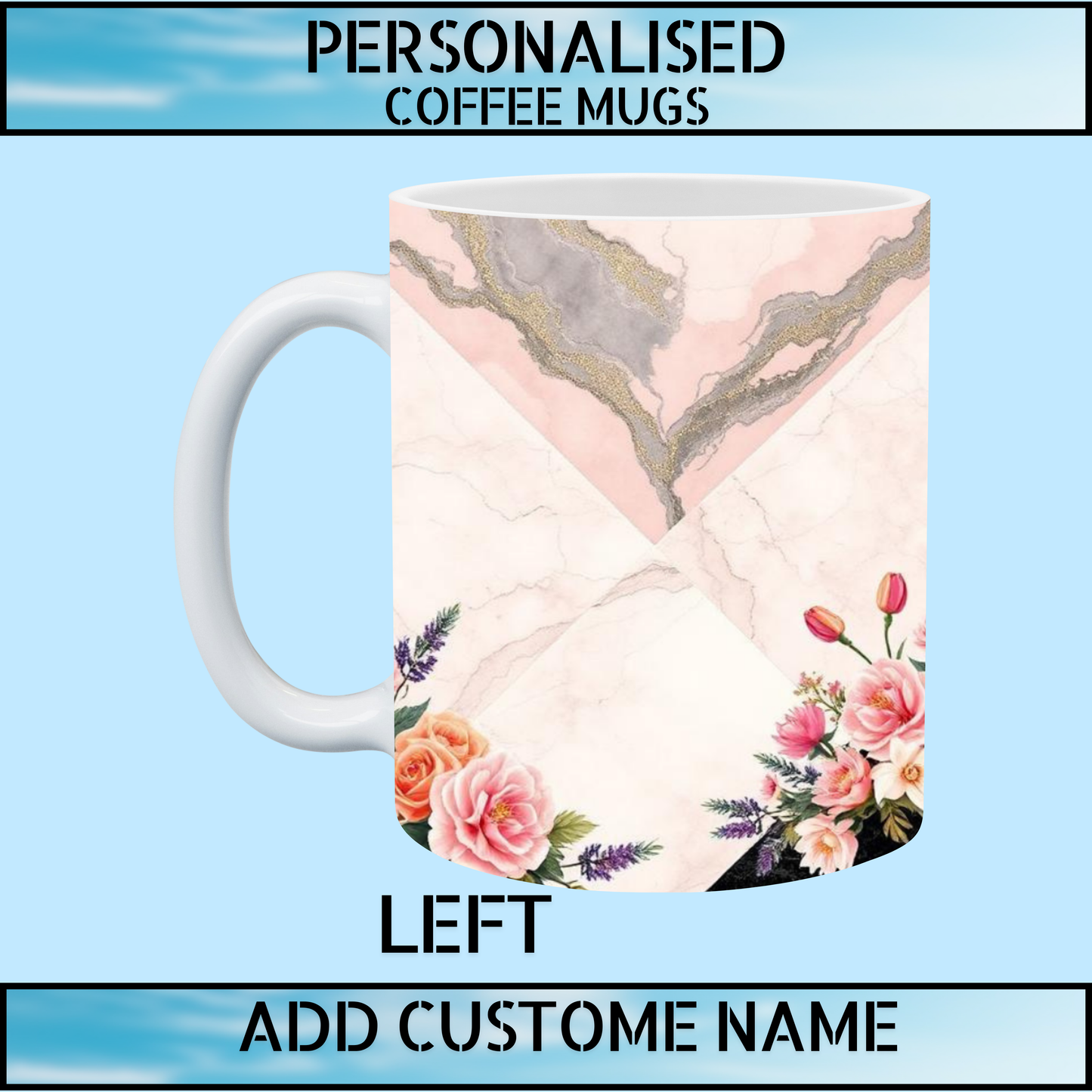 Pink Marble & Floral 11oz Personalised Coffee Mug